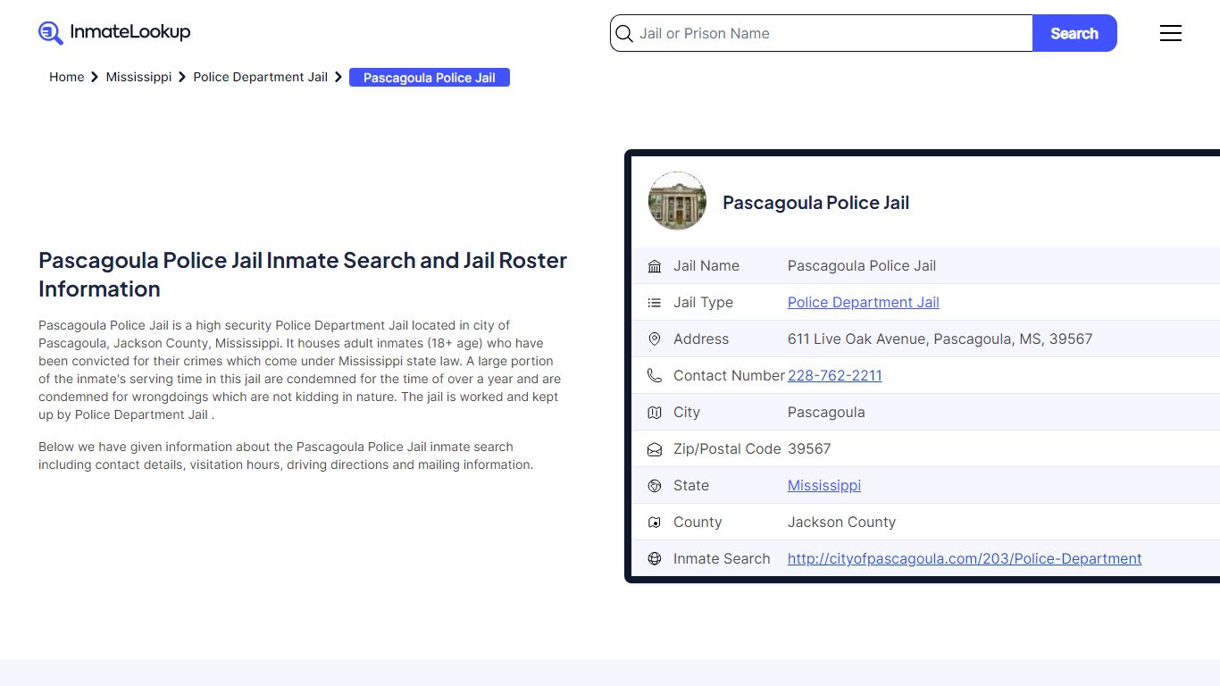 Pascagoula Police Jail Inmate Search and Jail Roster Information